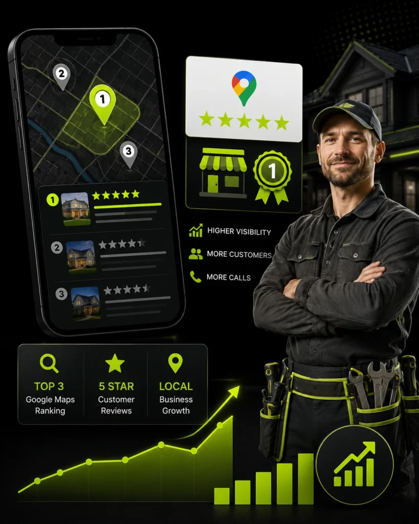 Contractor business ranking in Google Maps top 3 from strong reviews