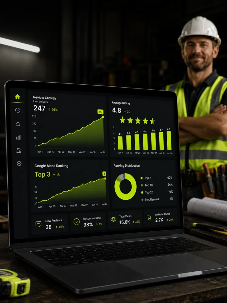 Contractor reputation results dashboard showing review growth over 90 days