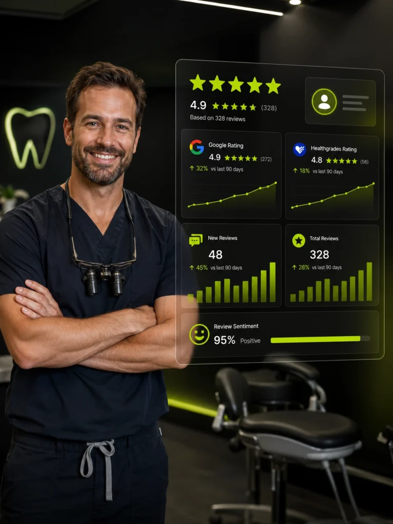 Dentist reviewing patient reviews and online reputation dashboard