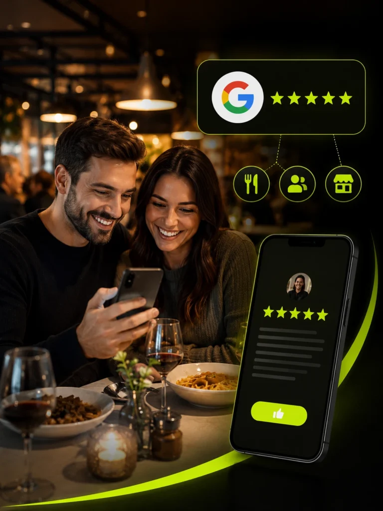 Diners choosing a restaurant based on its high Google rating and reviews