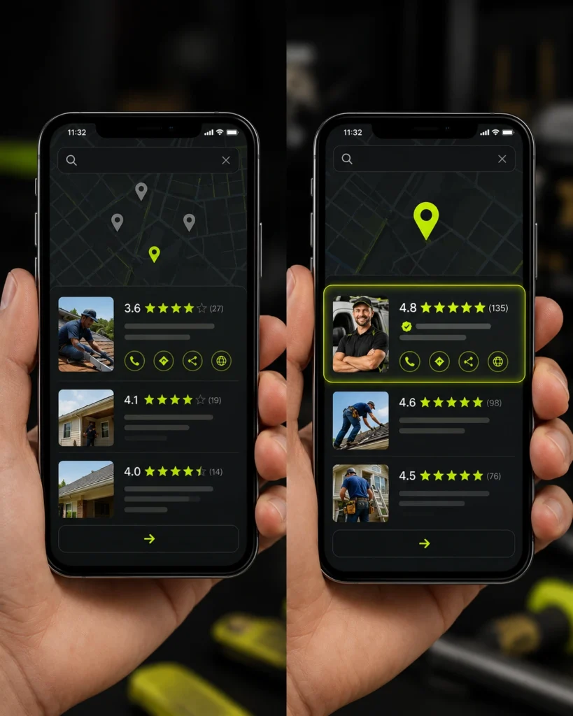 Homeowner comparing contractor Google ratings on Maps before calling