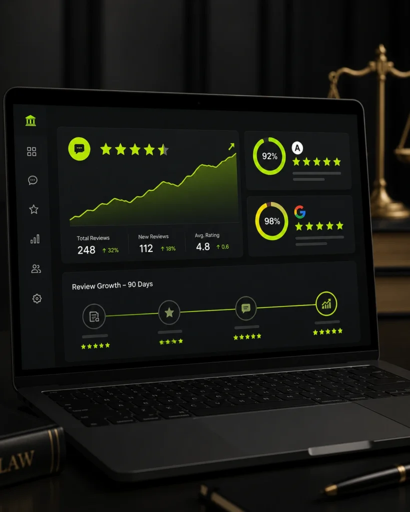 Law firm reputation results dashboard showing client review growth over 90 days