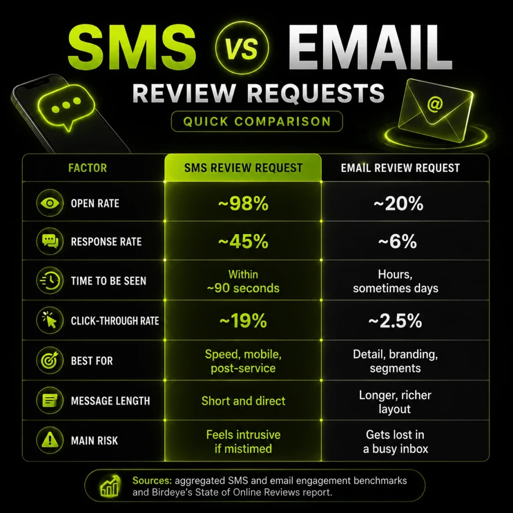 SMS vs Email Review Requests: Quick Comparison